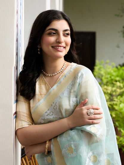 Banarasi Organza Silk Saree in Aqua Mint - Soglia