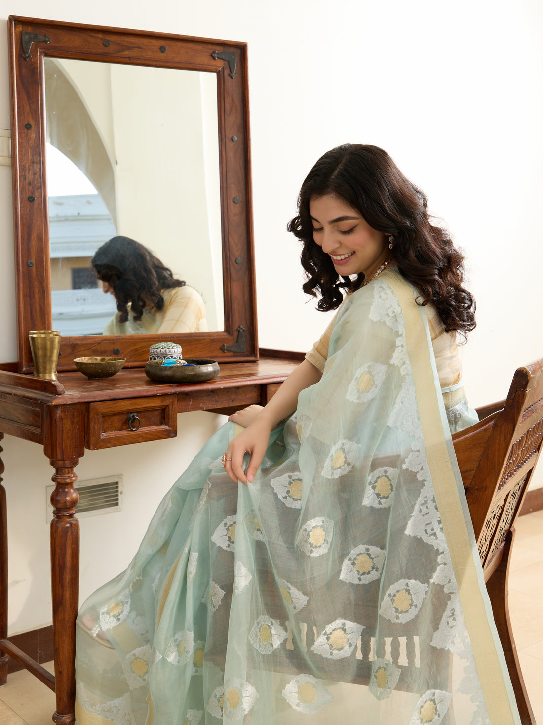 Banarasi Organza Silk Saree in Aqua Mint - Soglia