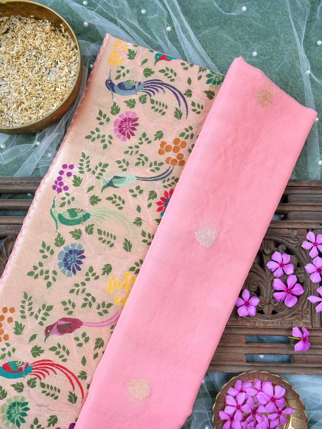 Banarasi Kora Silk Kadwa Handloom Saree with Paithani Border | Baby Pink - Khinkhwab