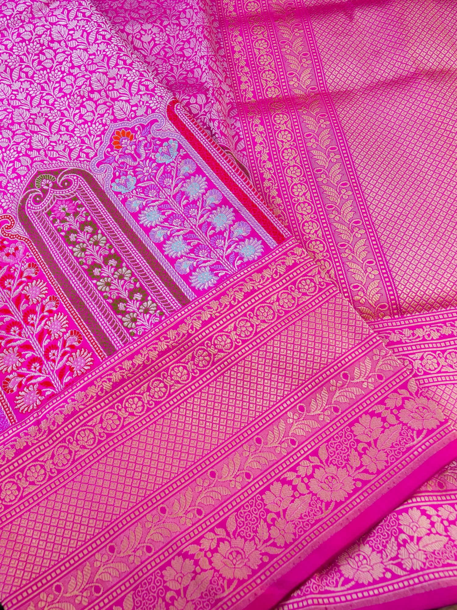 Banarasi Katan Silk Kadwa Meenakari Border Handloom Saree | Hot Pink - Khinkhwab
