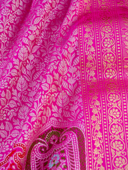 Banarasi Katan Silk Kadwa Meenakari Border Handloom Saree | Hot Pink - Khinkhwab