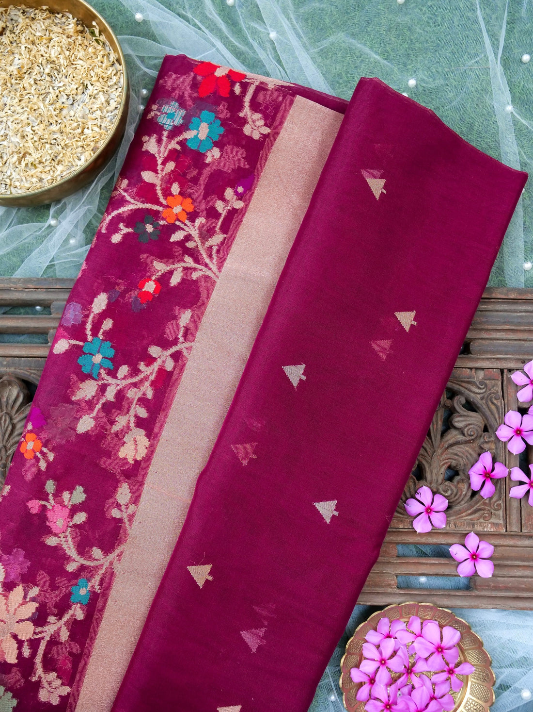 Banarasi Kora Silk Kadwa Handloom Saree with Floral Border | Magenta - Khinkhwab