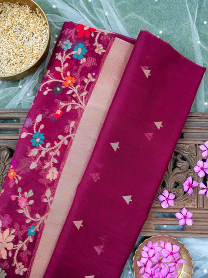 Banarasi Kora Silk Kadwa Handloom Saree with Floral Border | Magenta - Khinkhwab