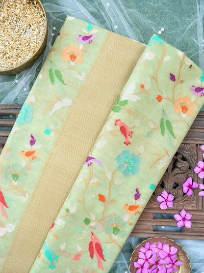 Banarasi Kora Silk Kadwa Handloom Saree | Pistachio - Khinkhwab