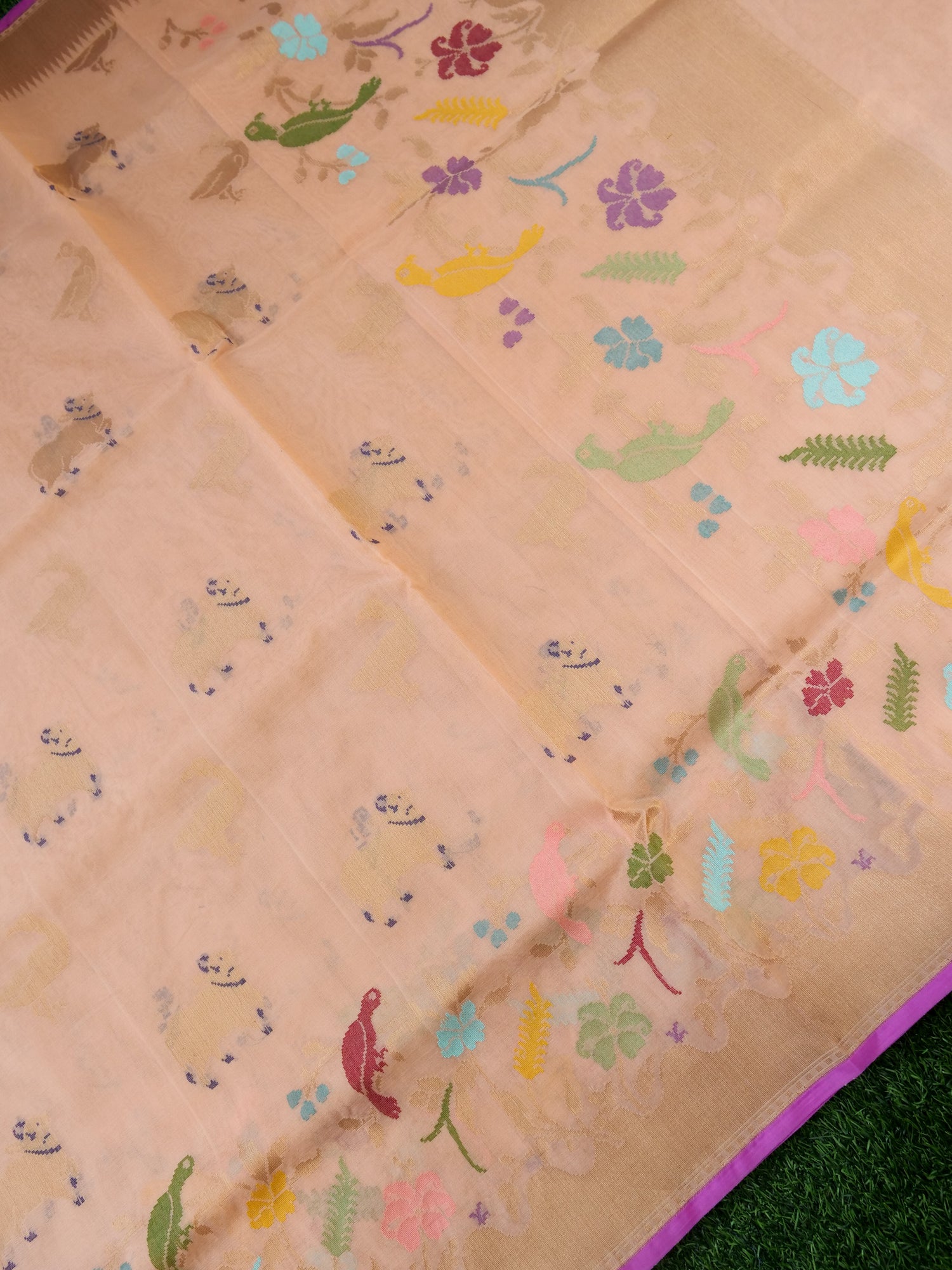 Banarasi Kora Silk Kadwa Handloom Saree with Cow | Peach - Khinkhwab
