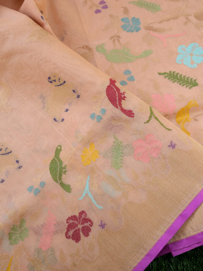 Banarasi Kora Silk Kadwa Handloom Saree with Cow | Peach - Khinkhwab