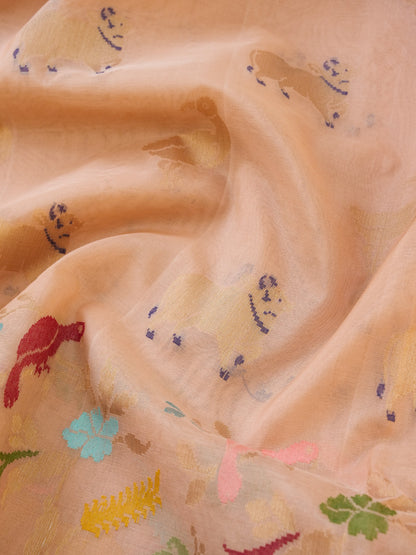 Banarasi Kora Silk Kadwa Handloom Saree with Cow | Peach - Khinkhwab