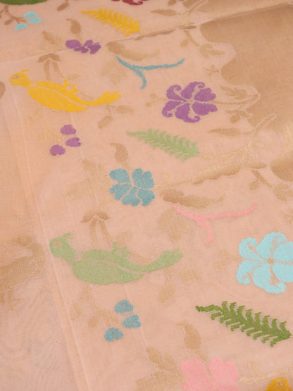 Banarasi Kora Silk Kadwa Handloom Saree with Cow | Peach - Khinkhwab