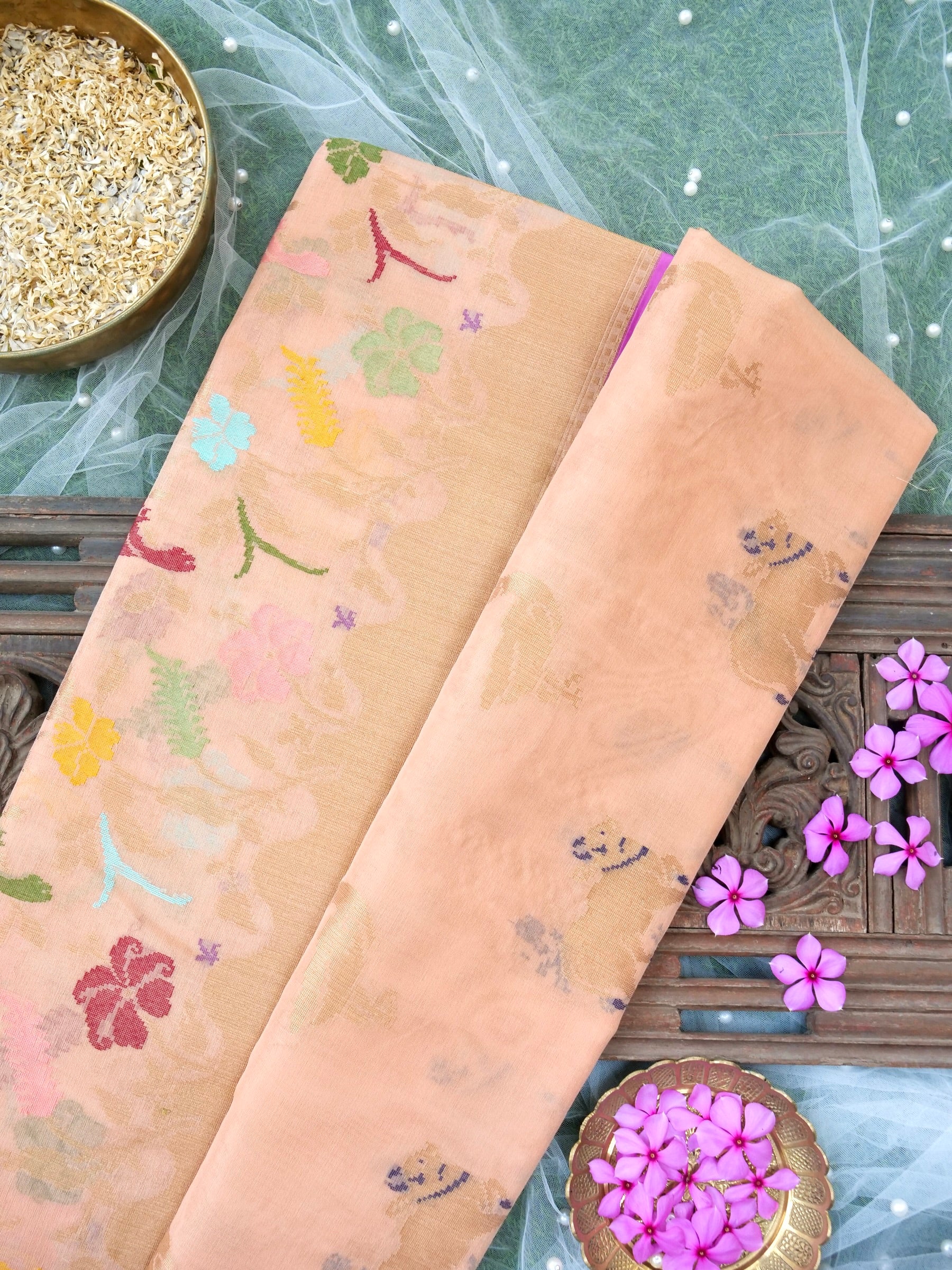 Banarasi Kora Silk Kadwa Handloom Saree with Cow | Peach - Khinkhwab