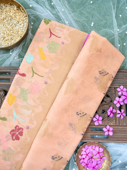 Banarasi Kora Silk Kadwa Handloom Saree with Cow | Peach - Khinkhwab