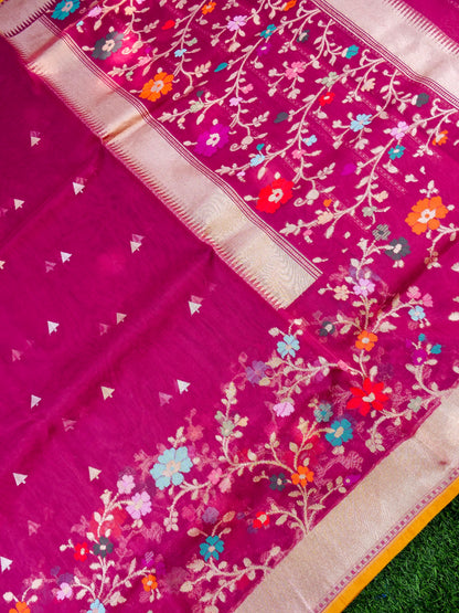 Banarasi Kora Silk Kadwa Handloom Saree with Floral Border | Magenta - Khinkhwab