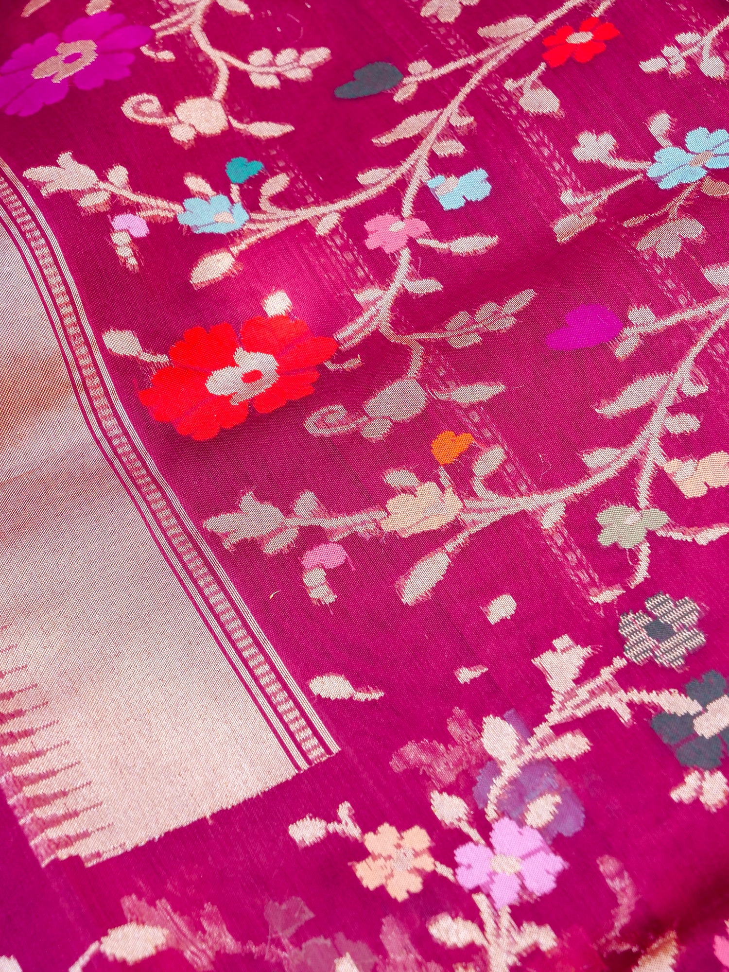 Banarasi Kora Silk Kadwa Handloom Saree with Floral Border | Magenta - Khinkhwab