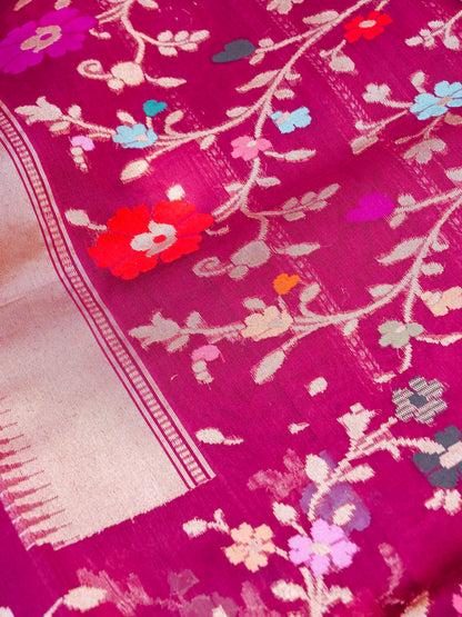 Banarasi Kora Silk Kadwa Handloom Saree with Floral Border | Magenta - Khinkhwab