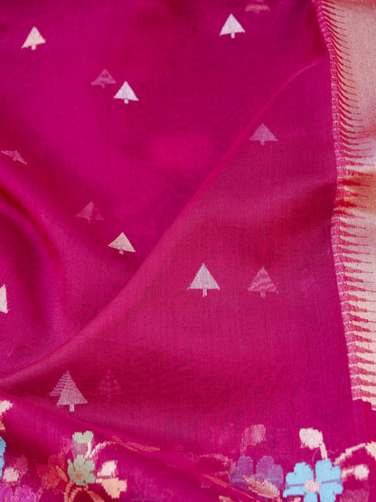 Banarasi Kora Silk Kadwa Handloom Saree with Floral Border | Magenta - Khinkhwab