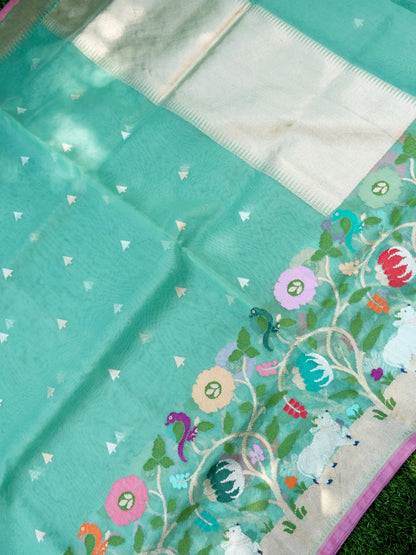 Banarasi Kora Silk Kadwa Handloom Saree with Cow Border| Mint - Khinkhwab