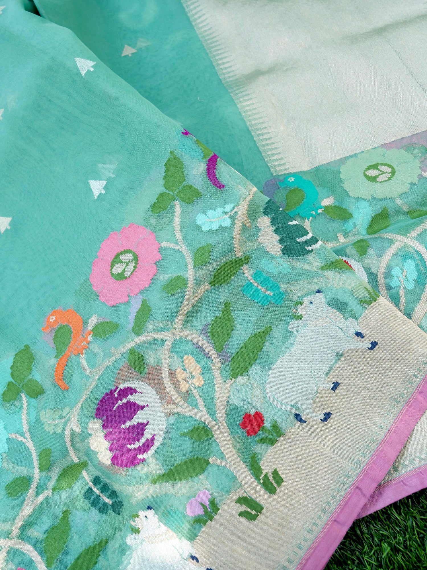 Banarasi Kora Silk Kadwa Handloom Saree with Cow Border| Mint - Khinkhwab