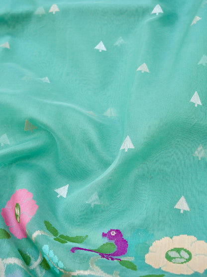 Banarasi Kora Silk Kadwa Handloom Saree with Cow Border| Mint - Khinkhwab