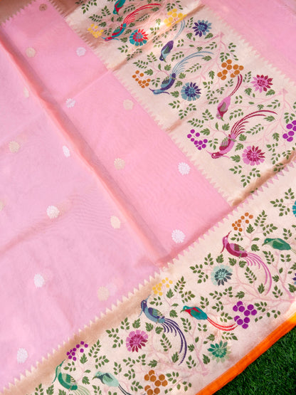 Banarasi Kora Silk Kadwa Handloom Saree with Paithani Border | Baby Pink - Khinkhwab