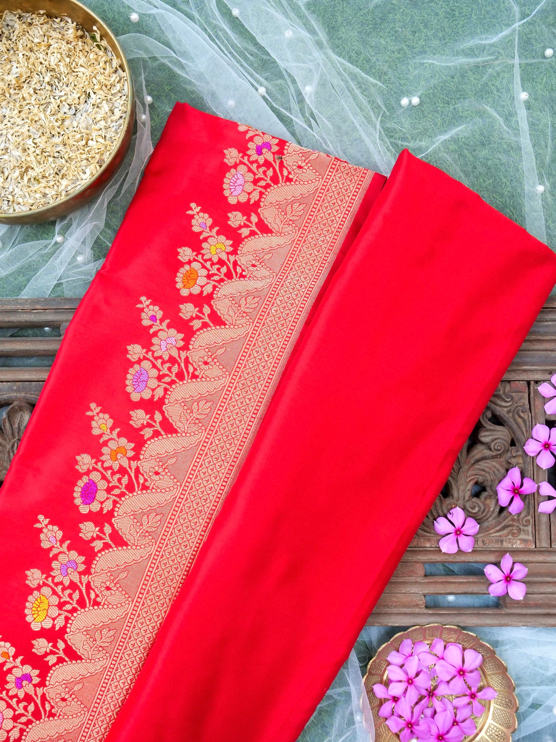 Banarasi Katan Silk Kadwa Meenakari Handloom Saree | Red - Khinkhwab