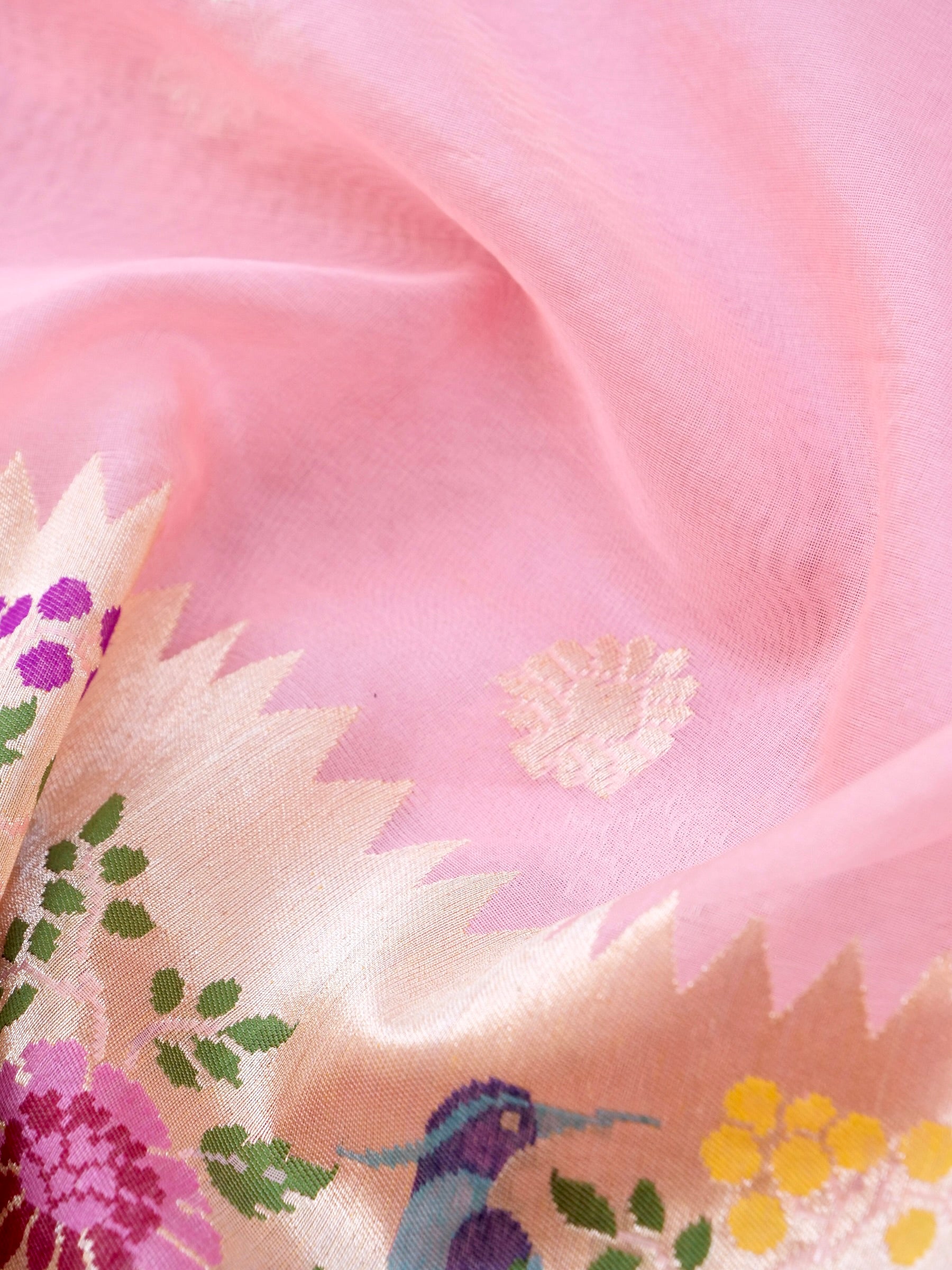 Banarasi Kora Silk Kadwa Handloom Saree with Paithani Border | Baby Pink - Khinkhwab