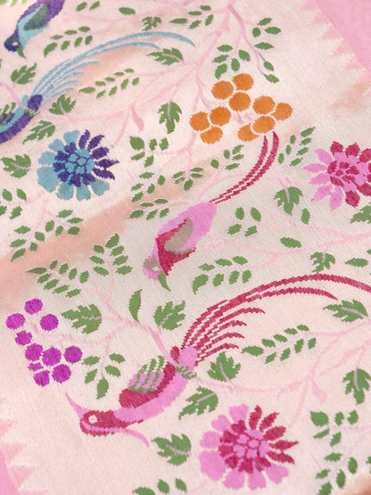 Banarasi Kora Silk Kadwa Handloom Saree with Paithani Border | Baby Pink - Khinkhwab
