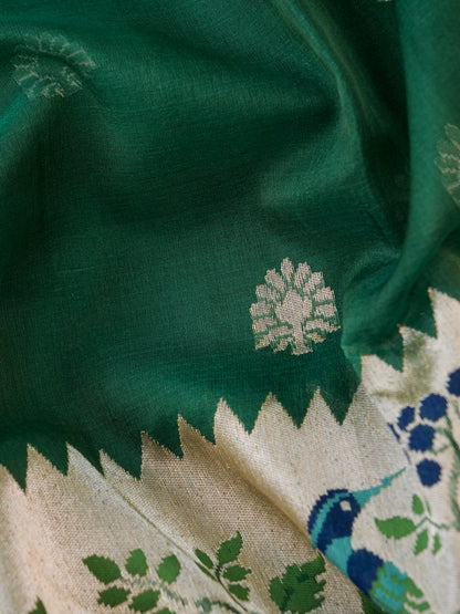 Banarasi Kora Silk Kadwa Handloom Saree with Paithani Border | Bottle Green - Khinkhwab