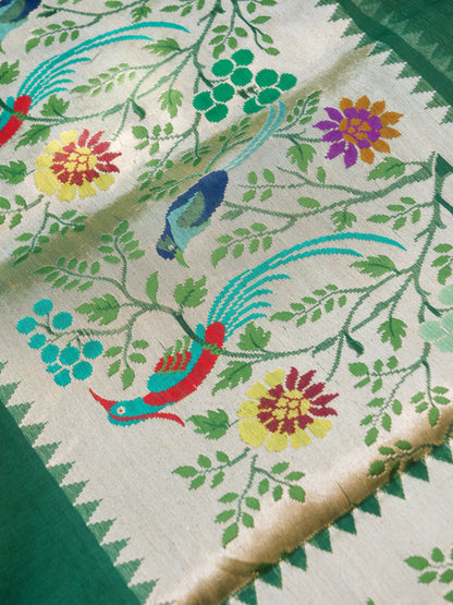 Banarasi Kora Silk Kadwa Handloom Saree with Paithani Border | Bottle Green - Khinkhwab