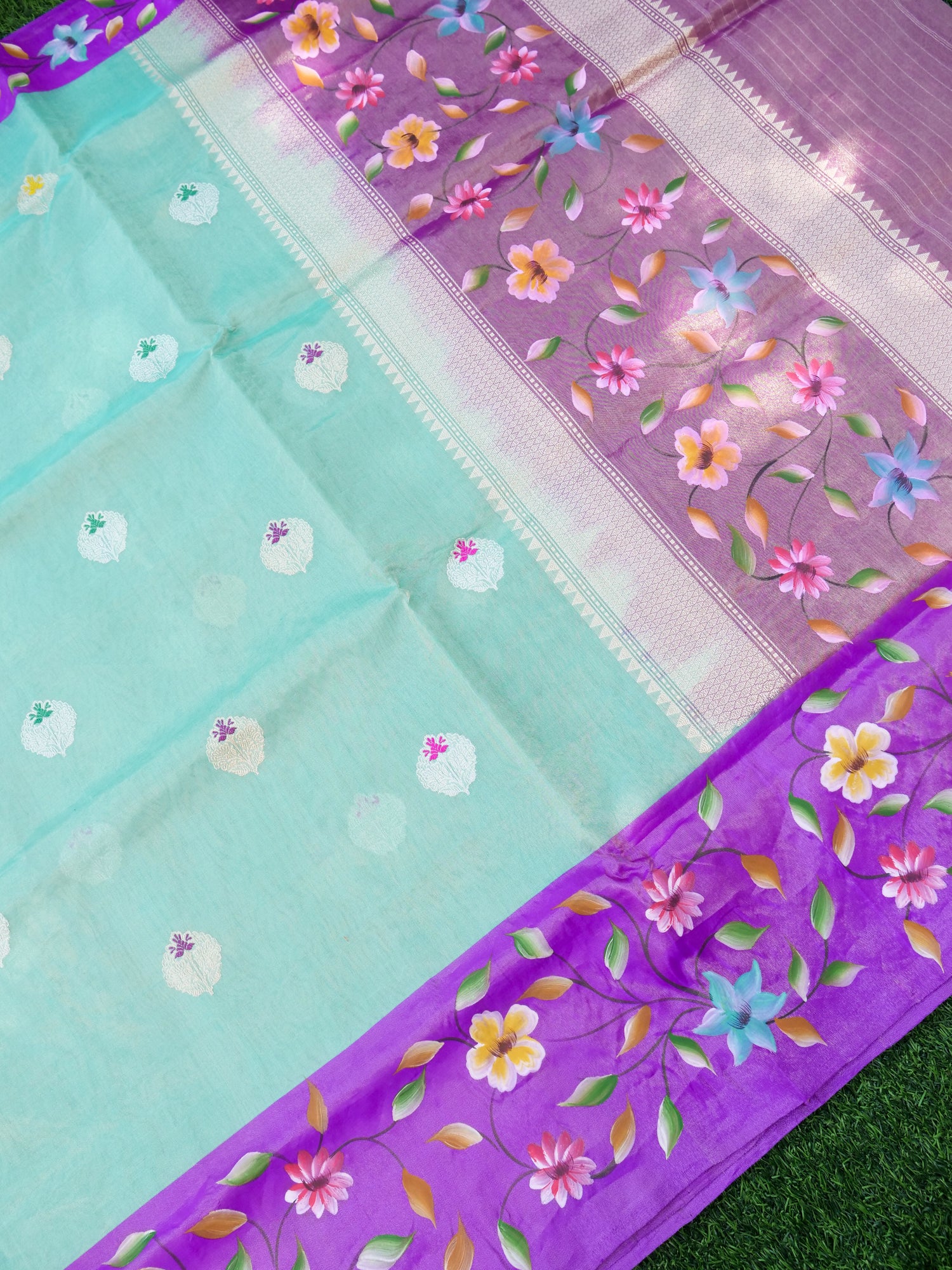 Banarasi Pure Silk Tissue Kadwa Saree with Hand-Painted Border | Mint - Khinkhwab