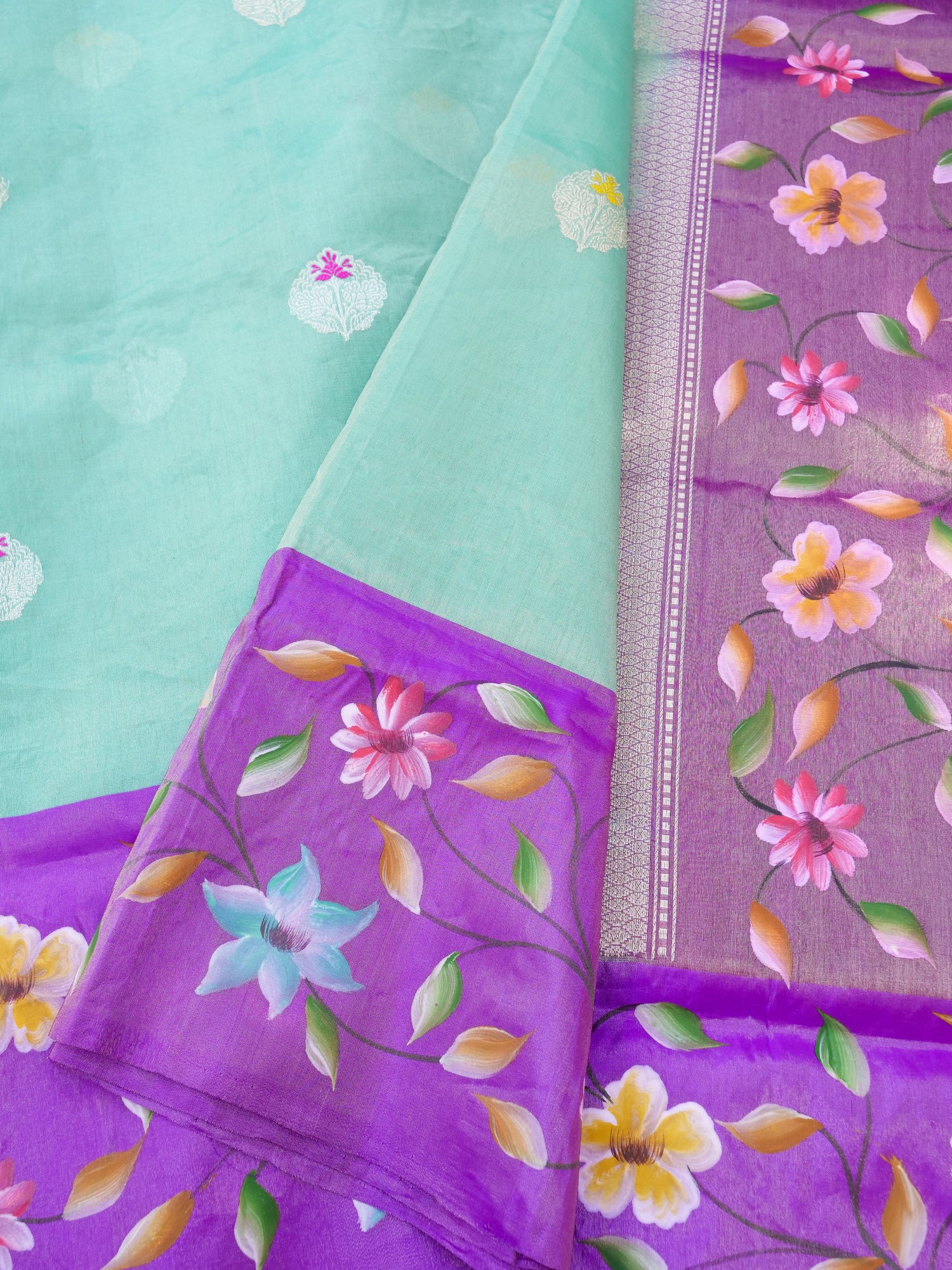 Banarasi Pure Silk Tissue Kadwa Saree with Hand-Painted Border | Mint - Khinkhwab