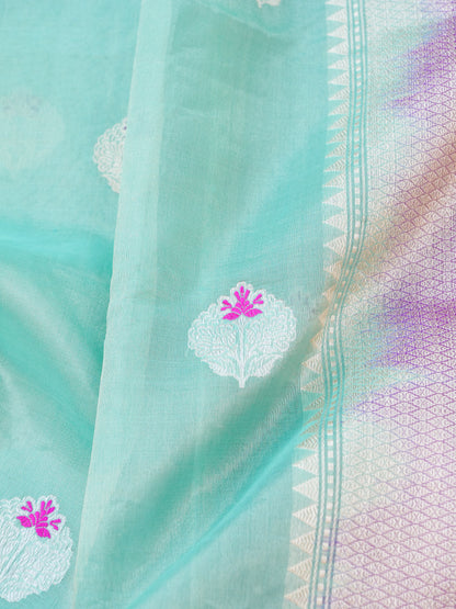 Banarasi Pure Silk Tissue Kadwa Saree with Hand-Painted Border | Mint - Khinkhwab