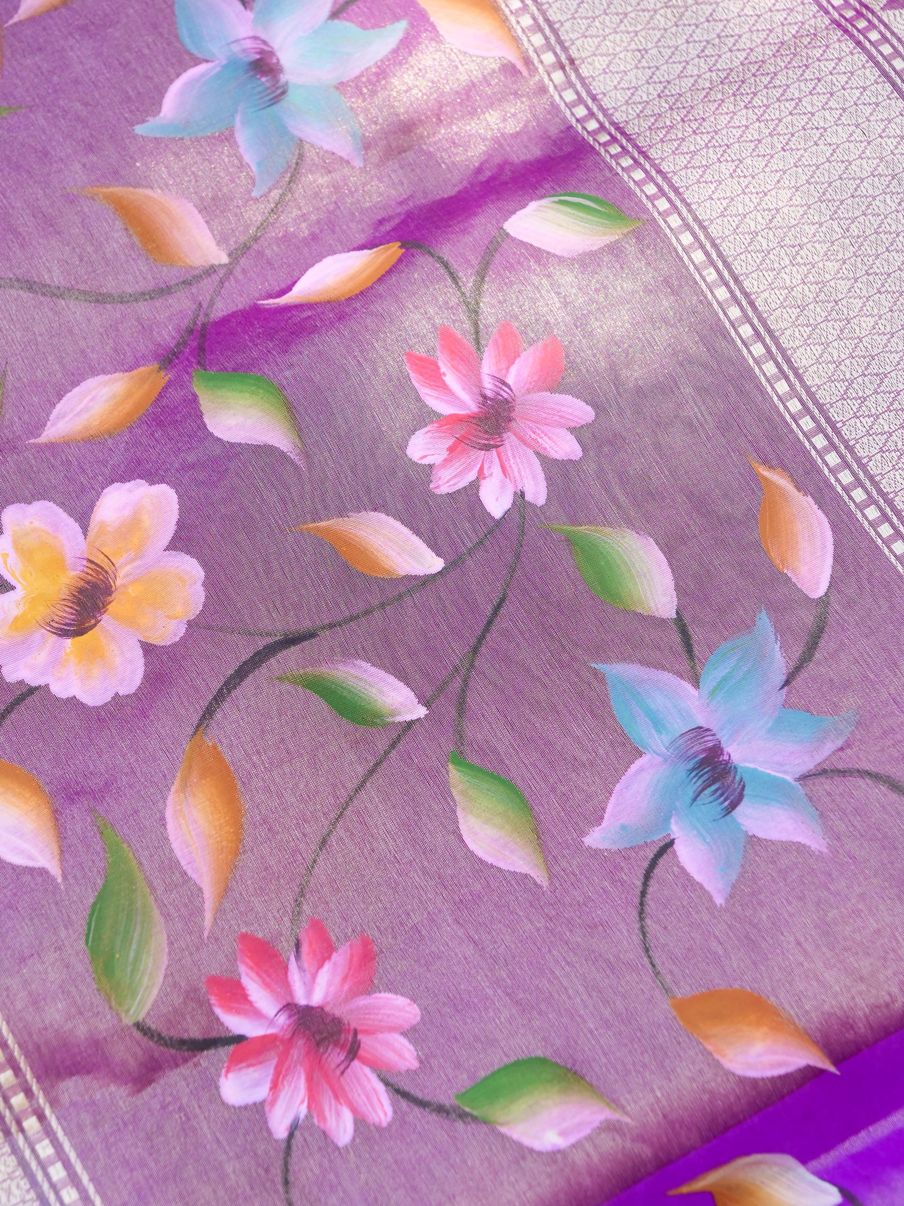 Banarasi Pure Silk Tissue Kadwa Saree with Hand-Painted Border | Mint - Khinkhwab