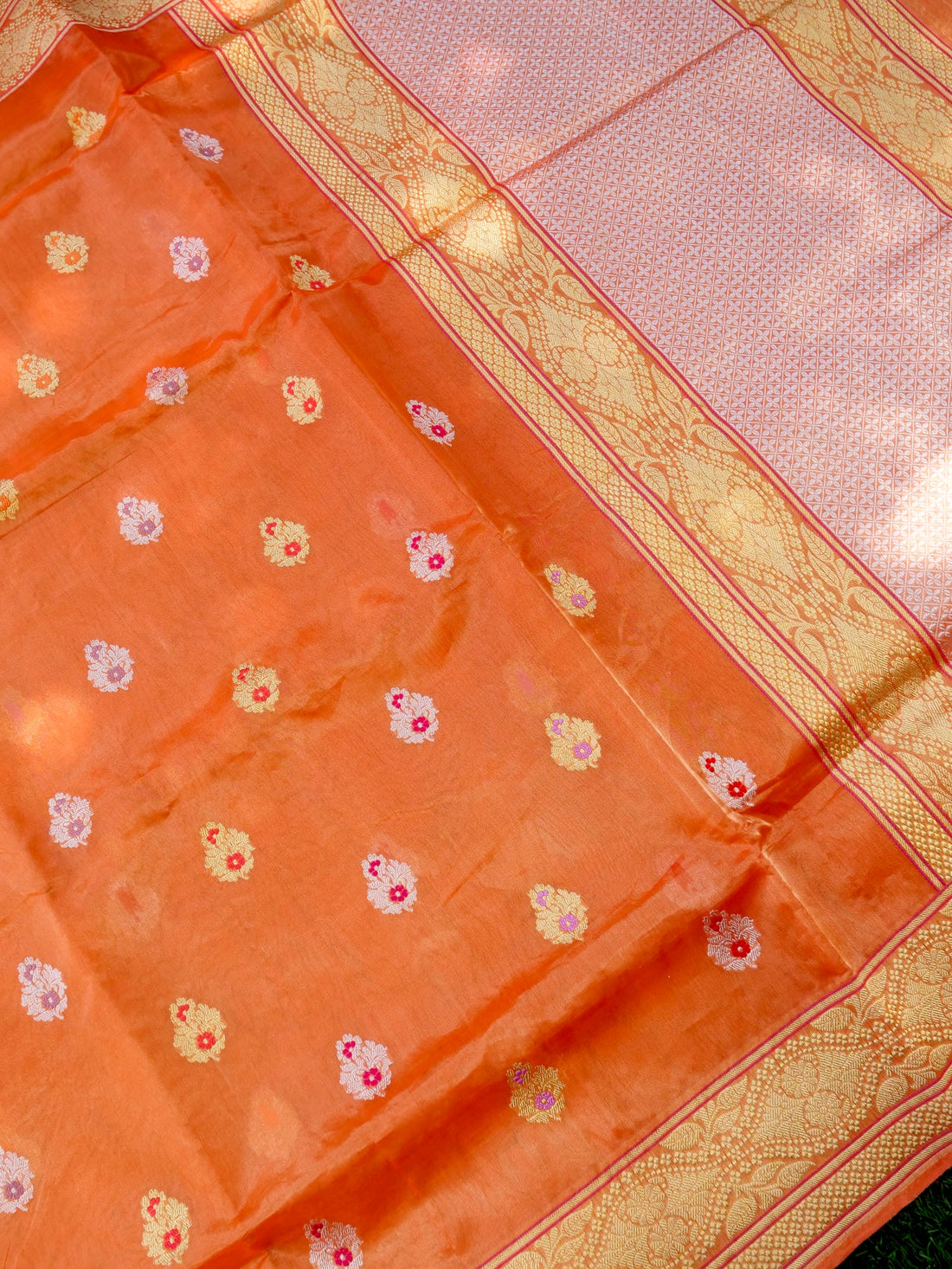 Banarasi Pure Silk Tissue Kadwa Handloom Saree | Orange - Khinkhwab