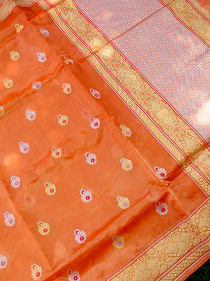 Banarasi Pure Silk Tissue Kadwa Handloom Saree | Orange - Khinkhwab
