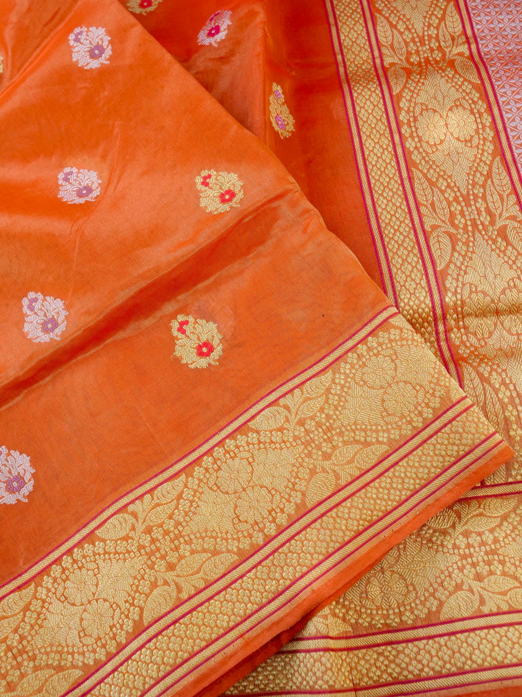 Banarasi Pure Silk Tissue Kadwa Handloom Saree | Orange - Khinkhwab