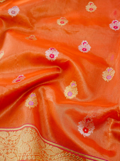 Banarasi Pure Silk Tissue Kadwa Handloom Saree | Orange - Khinkhwab