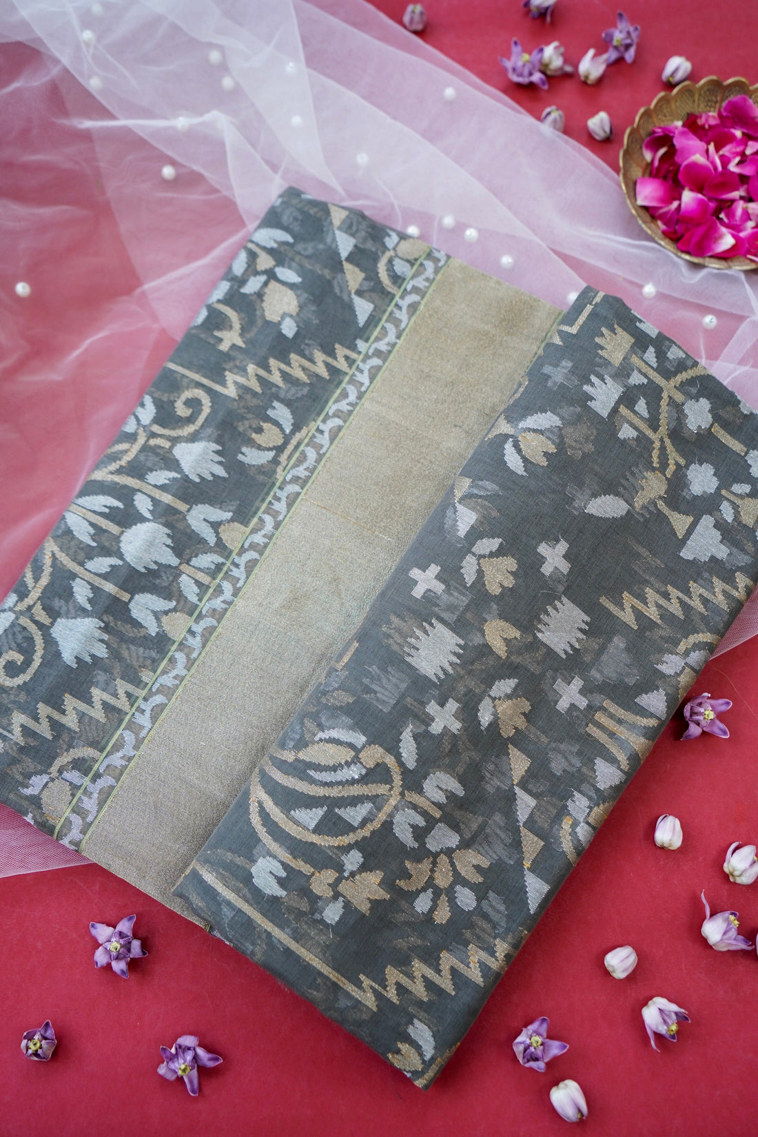 Banarasi Cotton Jamdani Real Zari Handwoven Saree in Charcoal Grey - Khinkhwab