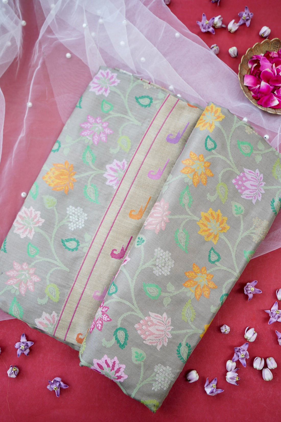 Banarasi Katan Silk Ektara Real Zari Handwoven Saree in Silver Grey - Khinkhwab
