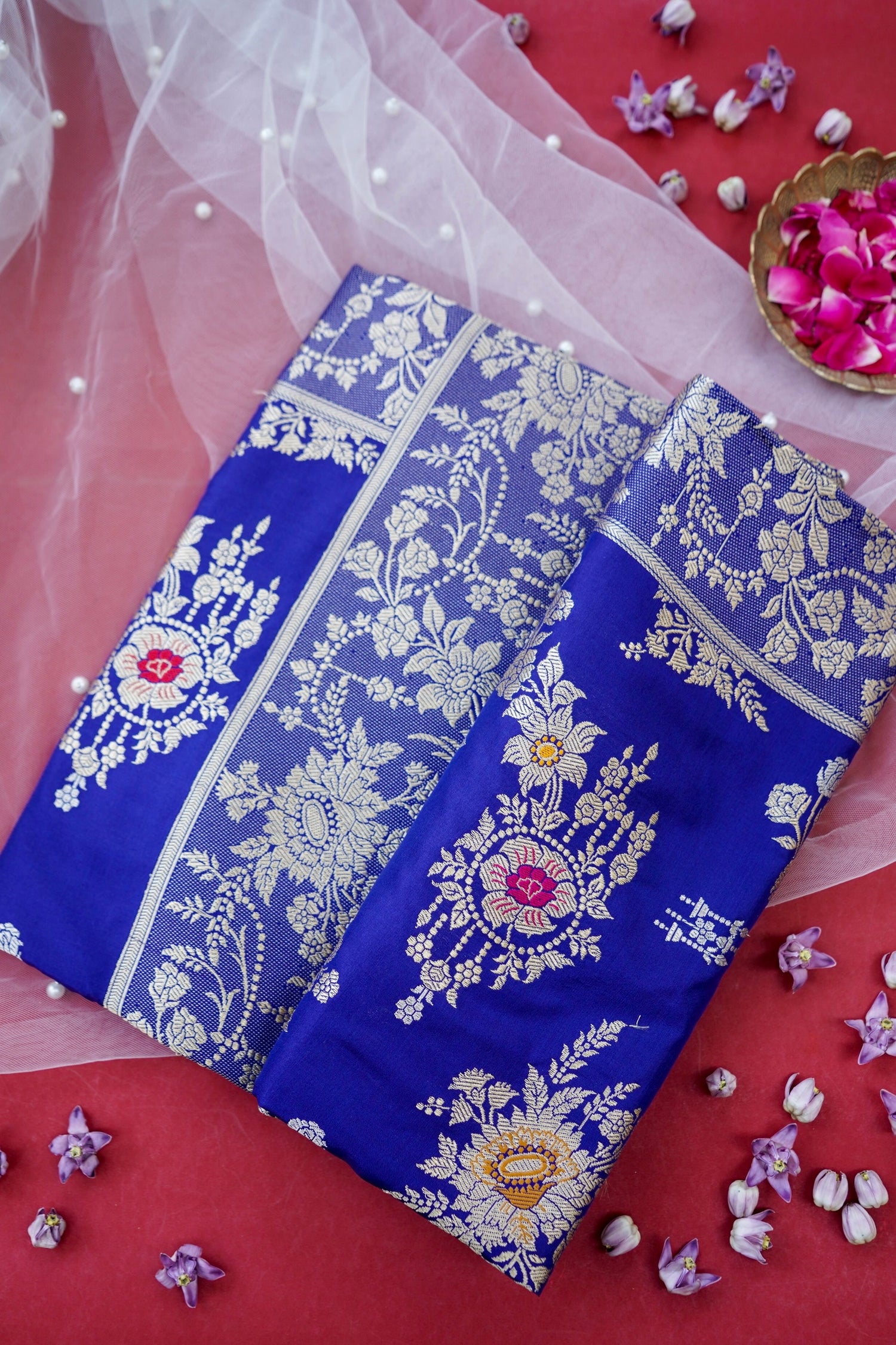 Banarasi Katan Silk Kadwa Jangla Handwoven Saree in Royal Blue - Khinkhwab