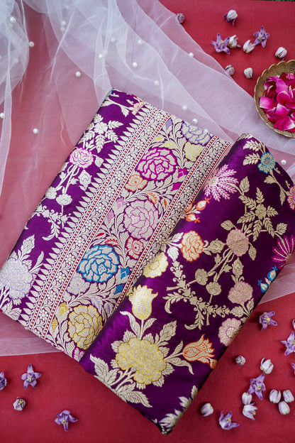 Banarasi Katan Silk Kadwa Jangla Meenakari Handwoven Saree in Deep Purple - Khinkhwab