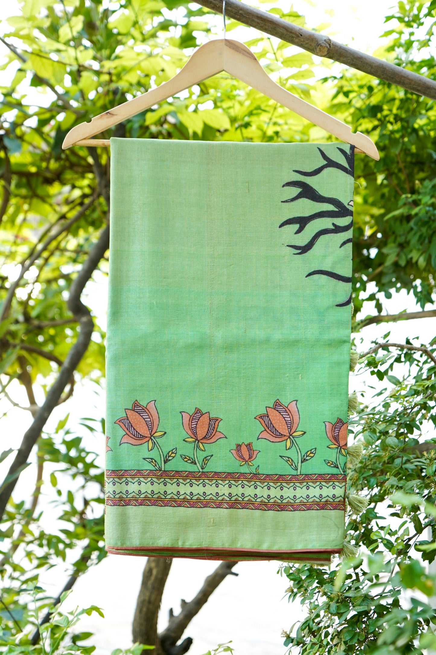 Kasturi Gond Print Tussar Saree in Mint Green - Khinkhwab
