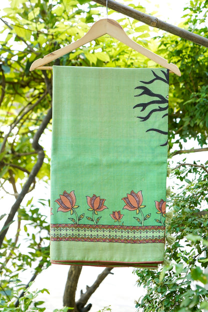 Kasturi Gond Print Tussar Saree in Mint Green - Khinkhwab