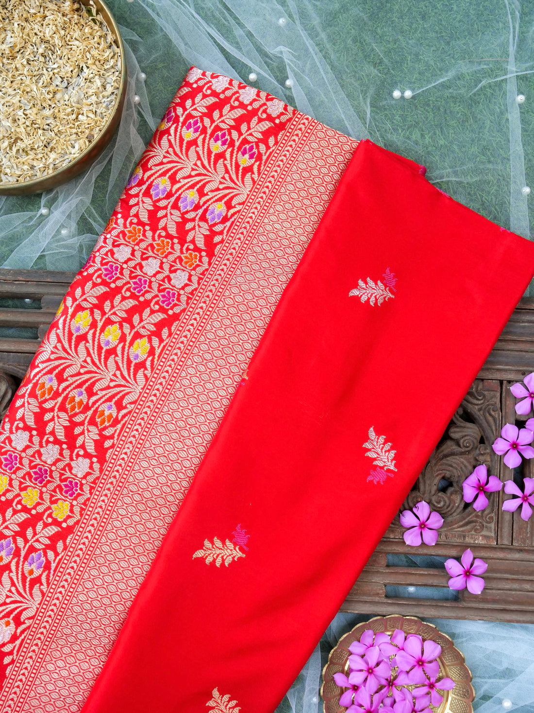 Banarasi Katan Silk Kadwa Meenakari Handloom Saree | Red Orange - Khinkhwab