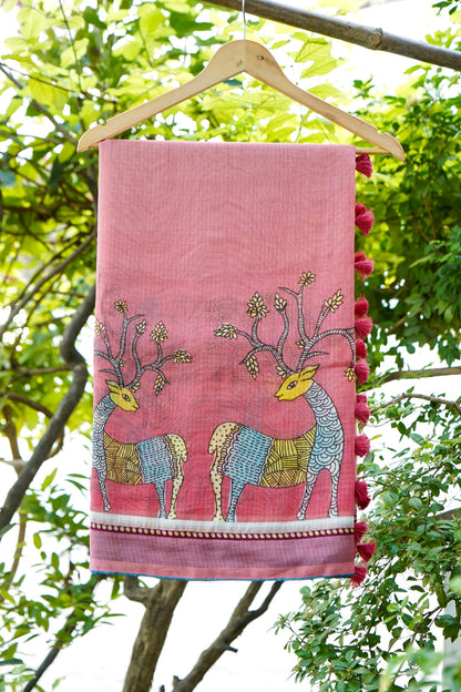 Kadamb Gond Print Kota Saree in Rose - Khinkhwab
