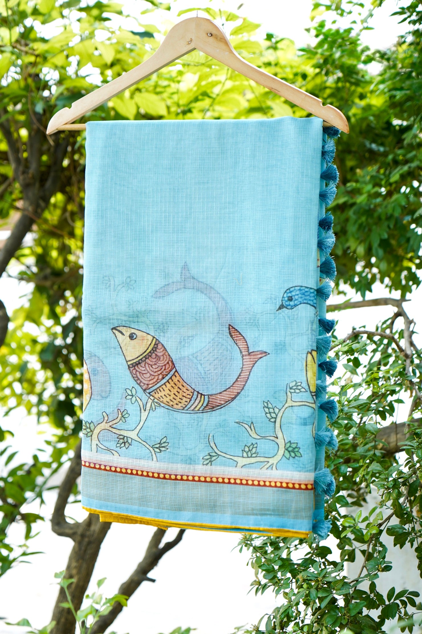 Matsya Gond Print Kota Silk Saree in Sky Blue - Khinkhwab