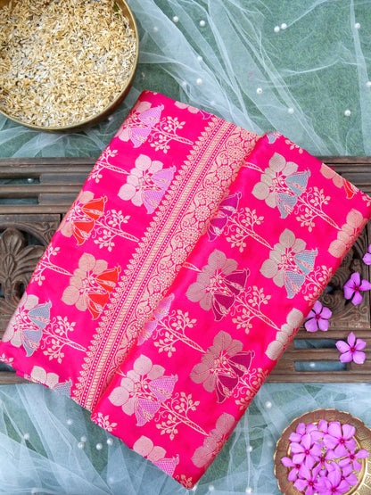 Banarasi Silk Kadwa Floral Jaal Handloom Saree | Hot Pink - Khinkhwab