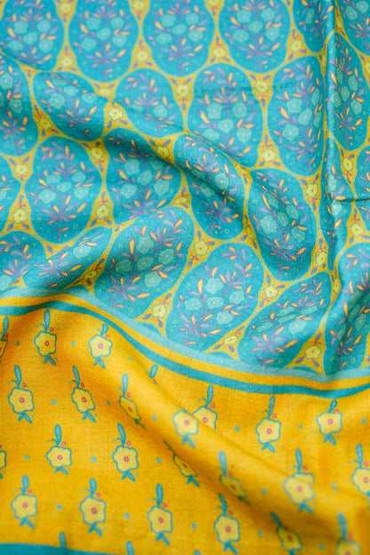 Finch Yellow &amp; Blue Titli Print Tussar Saree - Khinkhwab