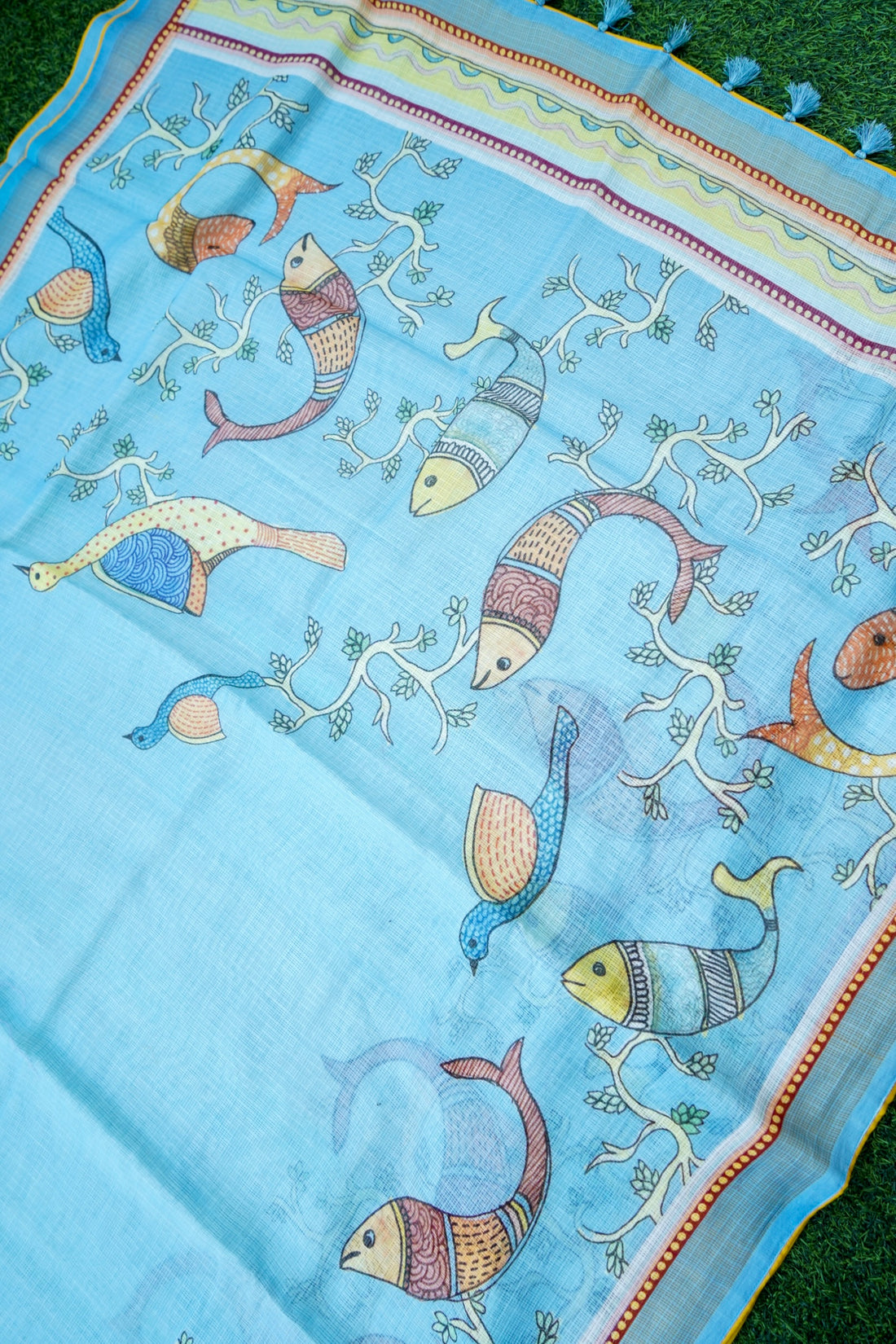 Matsya Gond Print Kota Silk Saree in Sky Blue - Khinkhwab