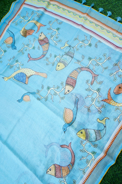 Matsya Gond Print Kota Silk Saree in Sky Blue - Khinkhwab