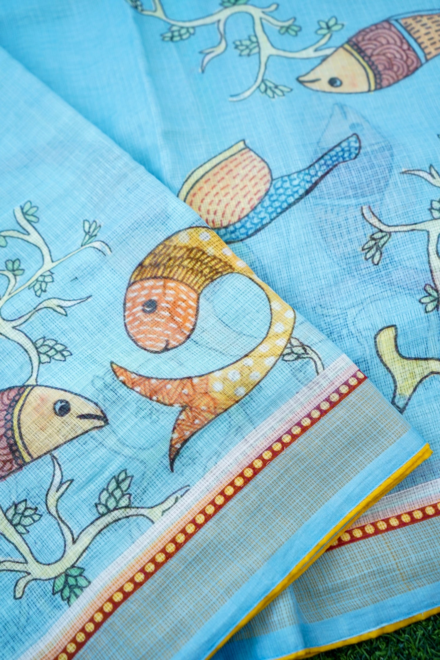 Matsya Gond Print Kota Silk Saree in Sky Blue - Khinkhwab