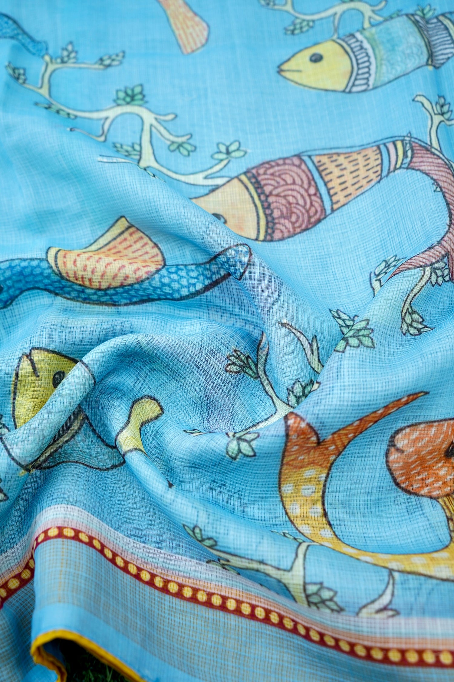 Matsya Gond Print Kota Silk Saree in Sky Blue - Khinkhwab